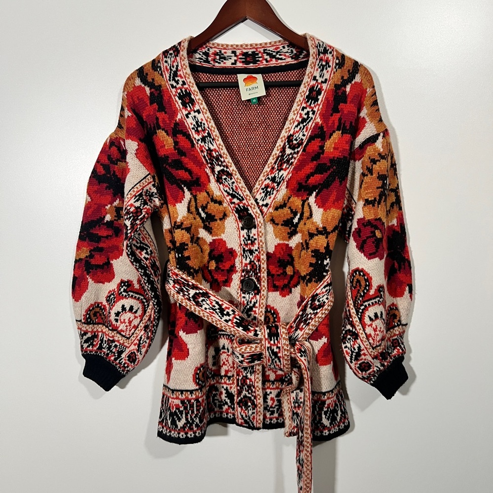 Farm Rio Floral Knit Cardigan with Belt size XS Wool Blend Anthropologie - Picture 3 of 9